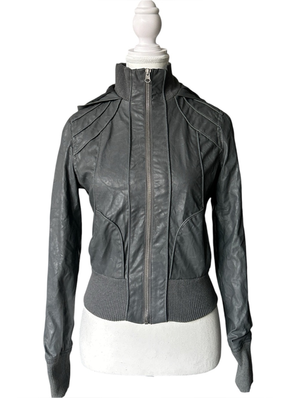 Y2K Grunge “River Island” Gray Faux Leather Biker Style Zip-up Bomber Jacket